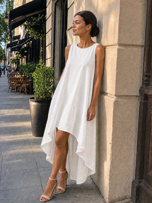 Women's White Linen Fabric Sleeveless Midi Dress With Round Neck & Asymmetric Hem