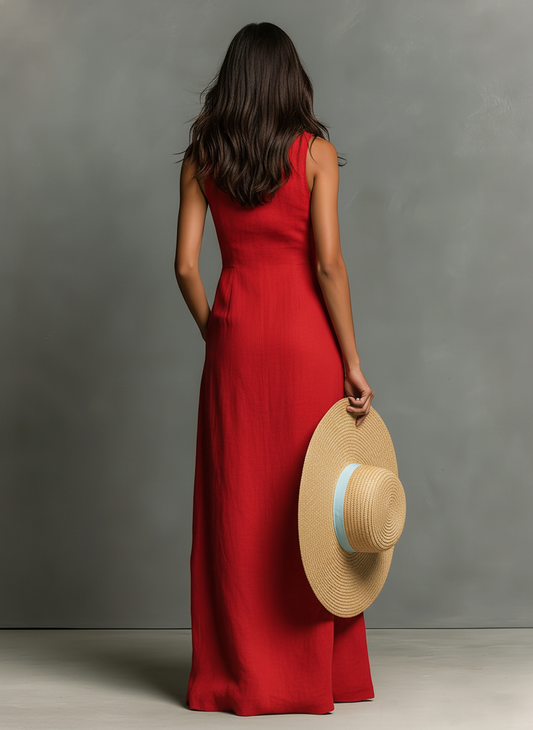 Women's Minimalist Linen-Blend Collared Single-Breasted Sleeveless Maxi Shirt Dress