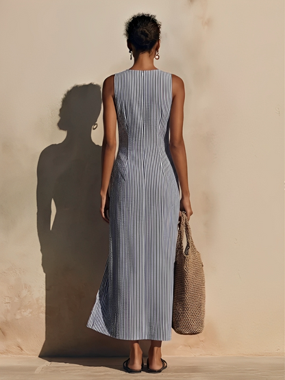Women's Blue-White Striped Cotton-Blend Maxi Dress With Blazer Style & Double-Breasted, Timeless Nautical Casual Dress