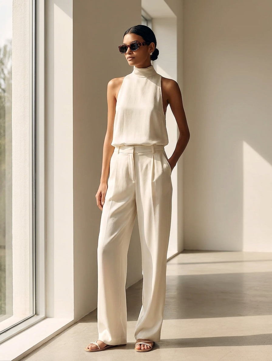 Women's Elegant Black Cotton And Linen Round-neck Sleeveless Top And Trousers Set