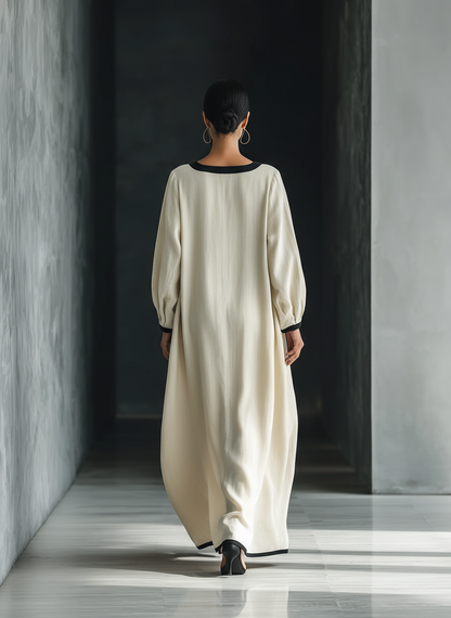 Women's Beige Cotton And Linen Blend Square-Neck Maxi Dress With Black Trim & Oversized Pockets