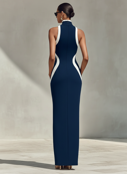 Women's Navy & White Form-Fitting Gown With Front Zipper Detail & Side Slit, Effortless Elegant Formal Dress