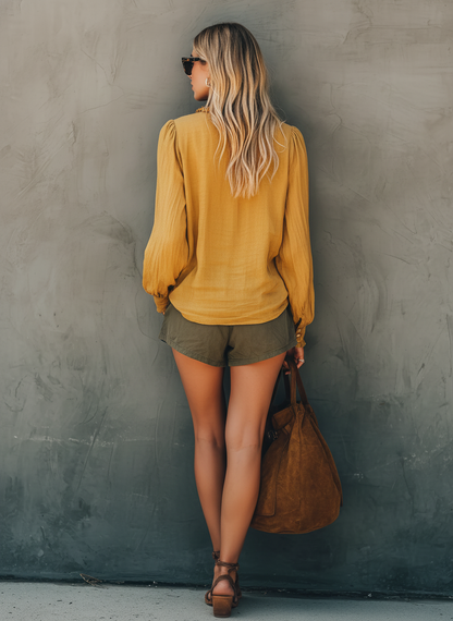 Women's Casual Yellow Cotton-Linen V-Neck Long-Sleeve Top And Olive Green Shorts Set