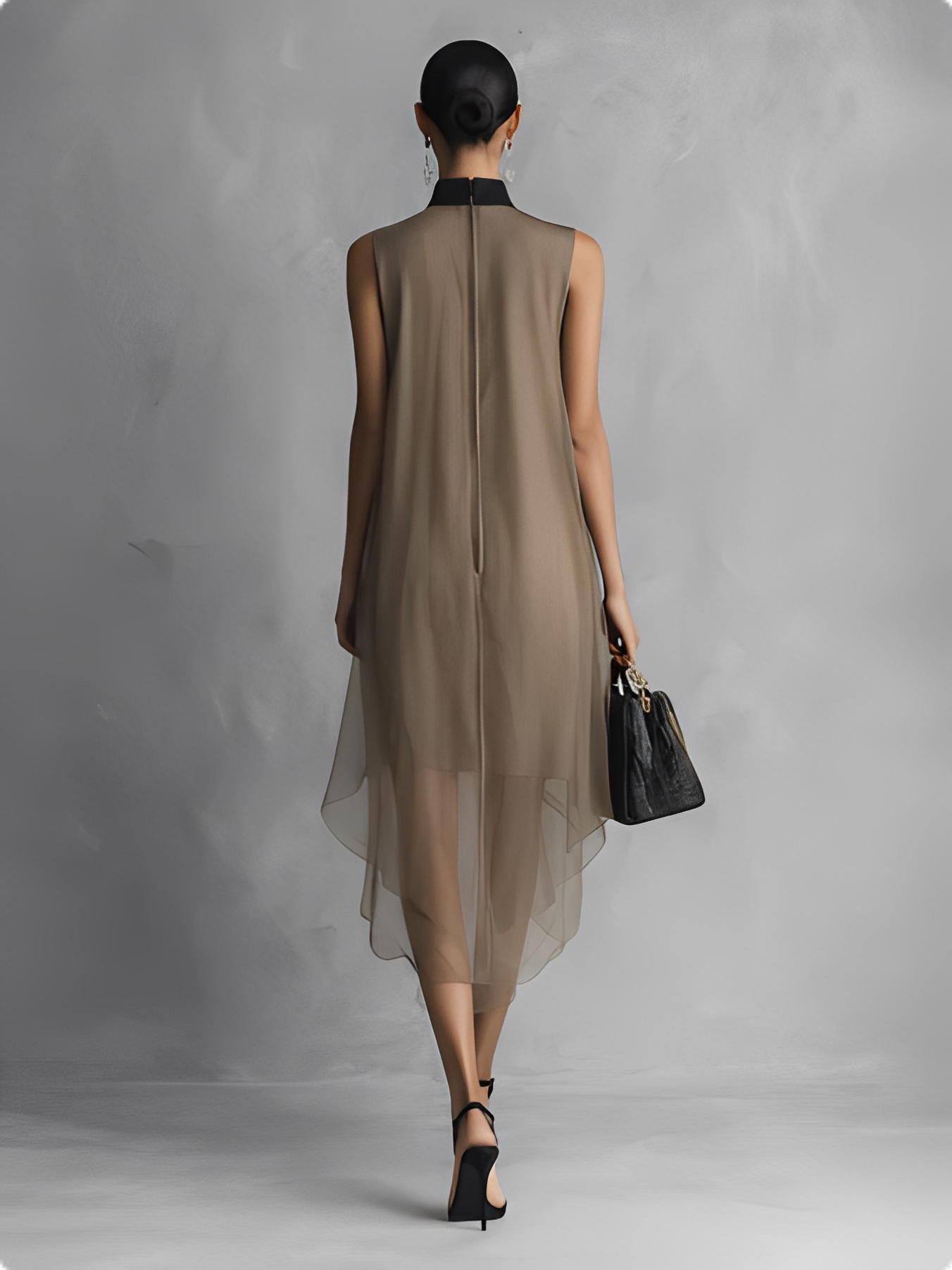 Women's Light Luxury Khaki And Brown Color-blocked Chiffon Sleeveless Dress