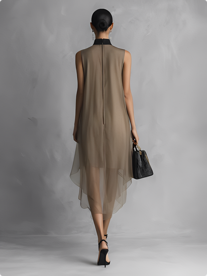 Women's Light Luxury Khaki And Brown Color-blocked Chiffon Sleeveless Dress