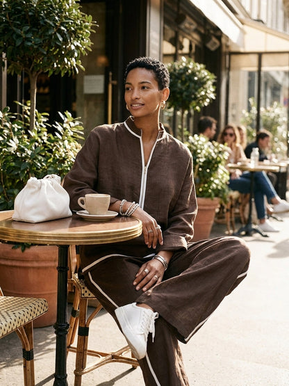 Women's Light‑Blue Linen Fabric Stand‑Collar Half‑Zip Oversized Top & Wide‑Leg Pants Set