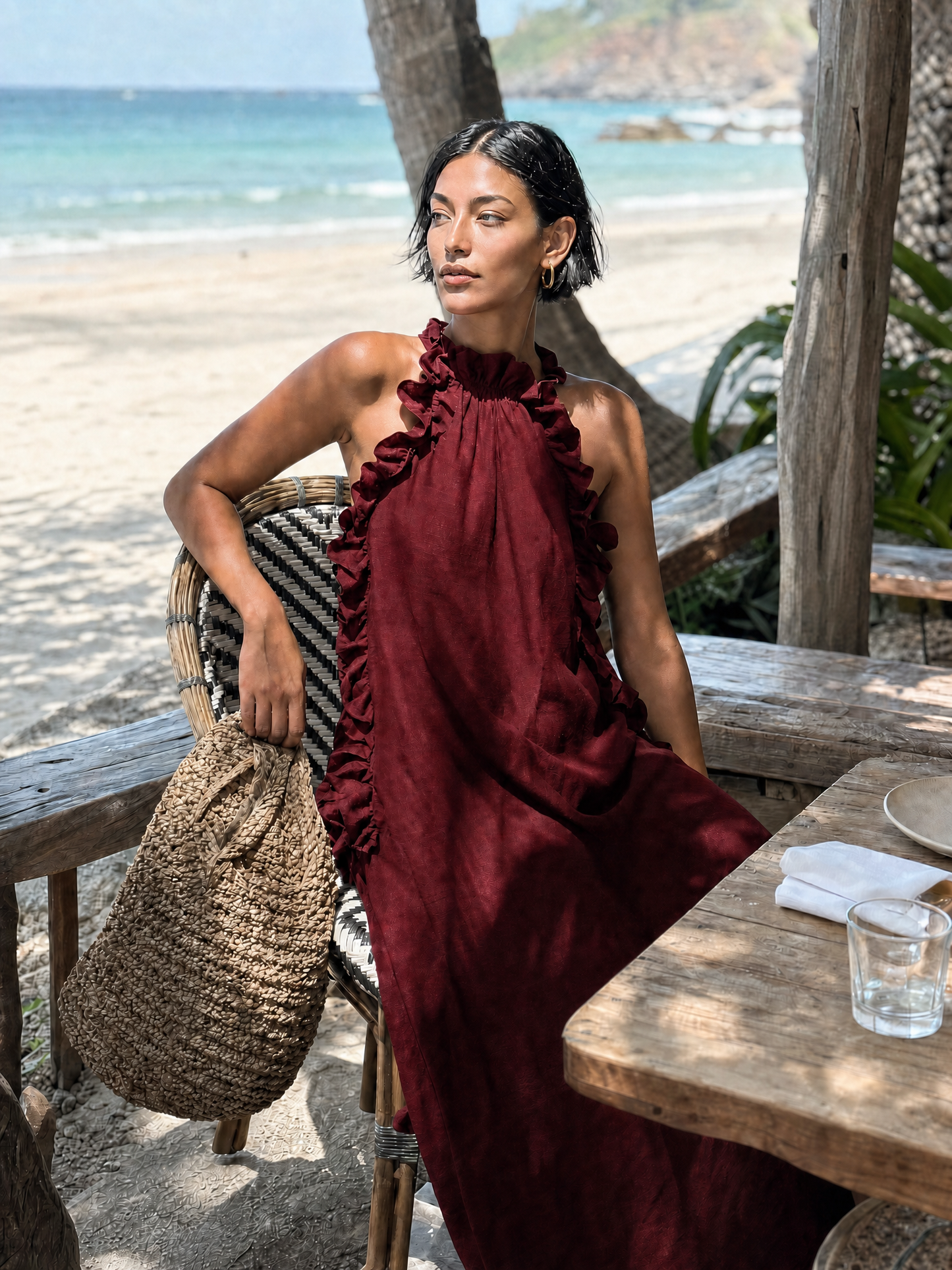 Women's Minimalist Linen-blend Sleeveless Maxi Dress With Ruffle Details