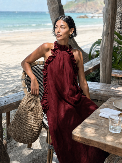Women's Minimalist Linen-blend Sleeveless Maxi Dress With Ruffle Details