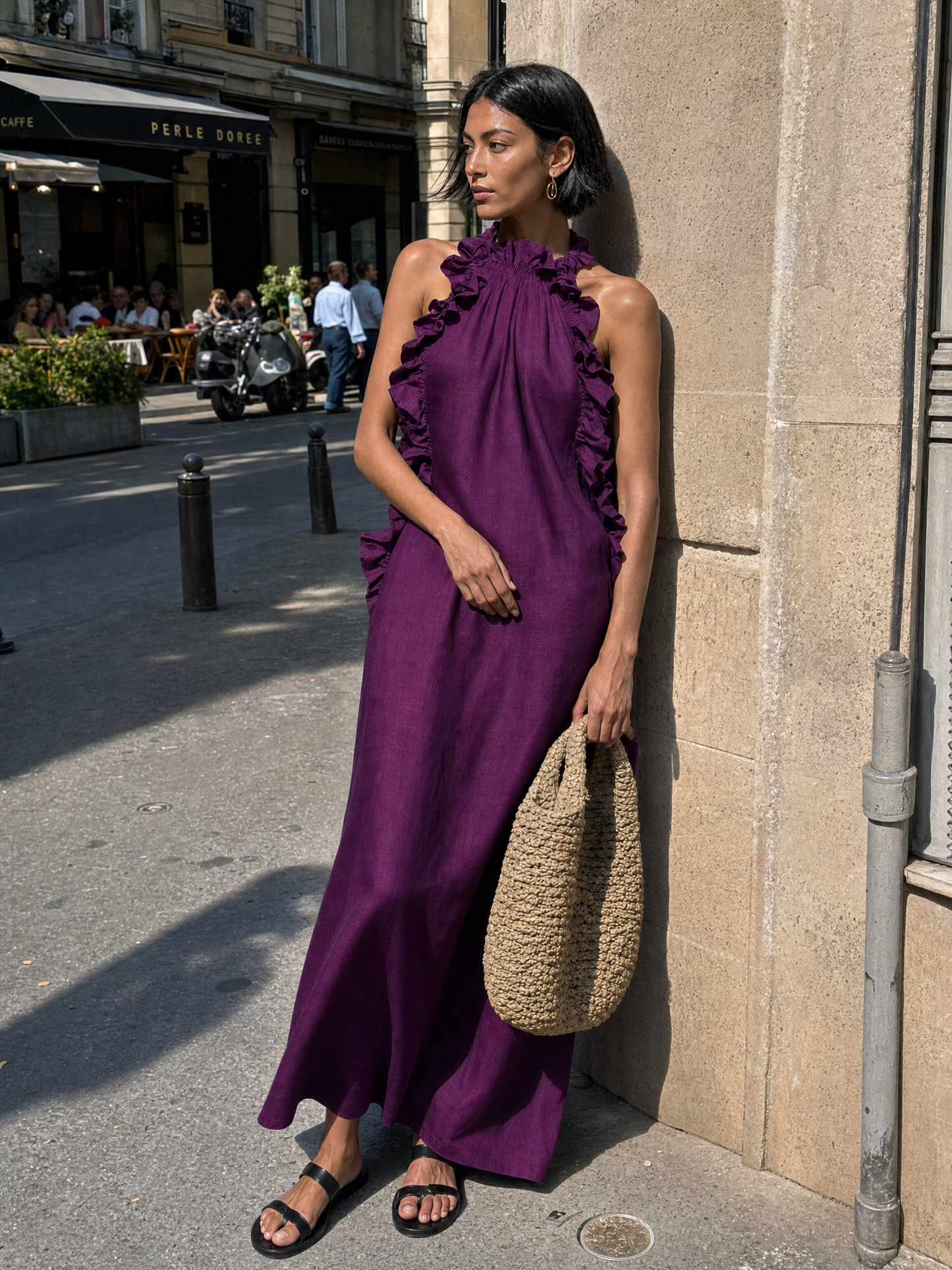 Women's Minimalist Linen-blend Sleeveless Maxi Dress With Ruffle Details