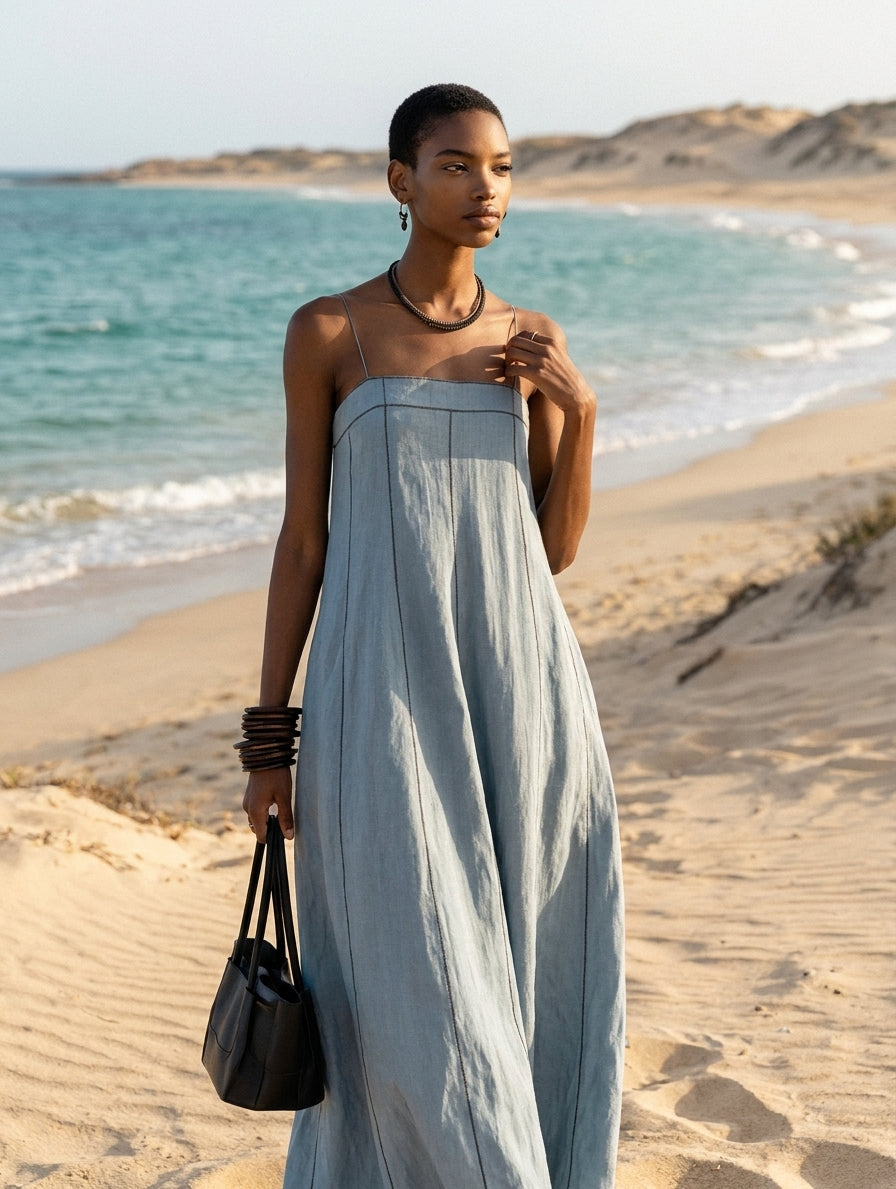 Women's Casual Blue Cotton-linen Sleeveless Camisole Maxi Dress