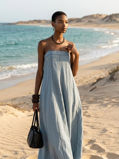Women's Casual Blue Cotton-linen Sleeveless Camisole Maxi Dress