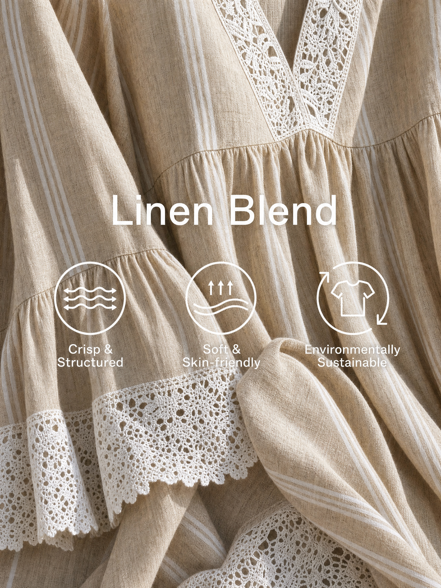 Women's Minimalist Beige Vertical-Stripe Maxi Dress With White Lace Trim And Flared Long Sleeves
