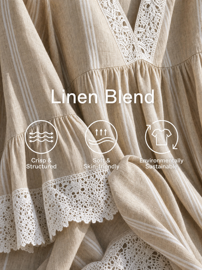 Women's Minimalist Beige Vertical-Stripe Maxi Dress With White Lace Trim And Flared Long Sleeves
