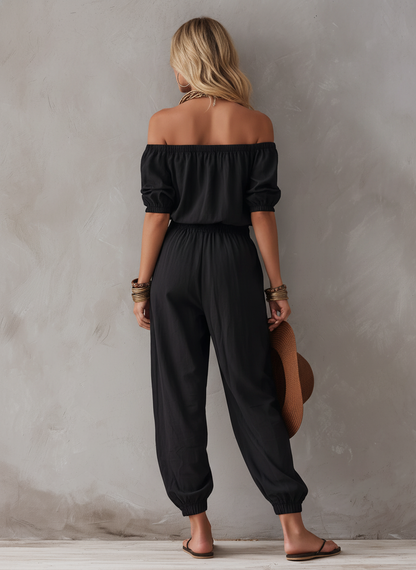 Women's Casual Black Woven Off-Shoulder Sleeveless Jumpsuit