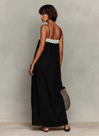 Women's Minimalist Linen-Blend Lace-Paneled Strapless With Spaghetti Straps Maxi Dress