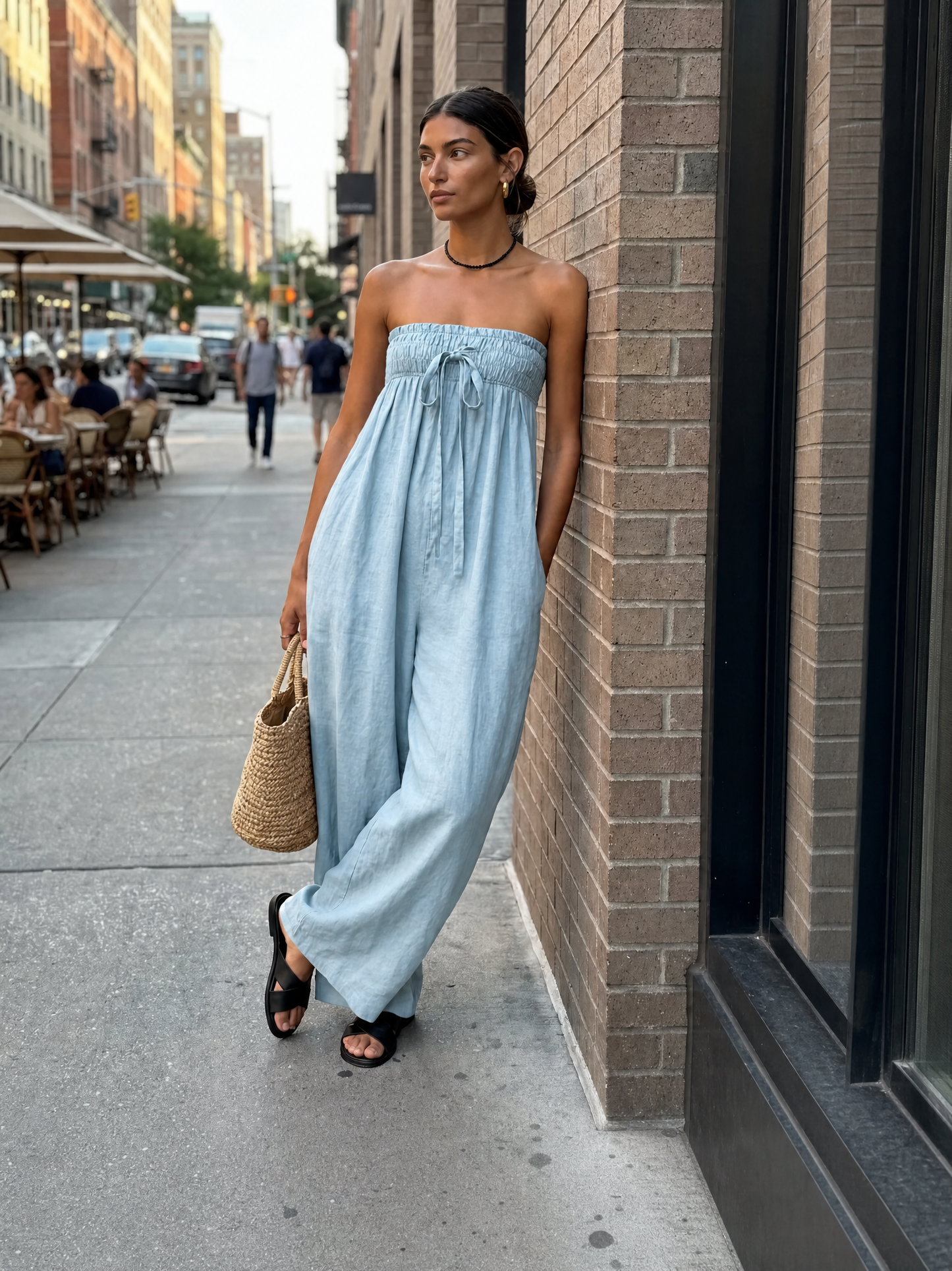 Women's Minimalist Loose-fitting Linen Blend Strapless Jumpsuit With Tie Closure
