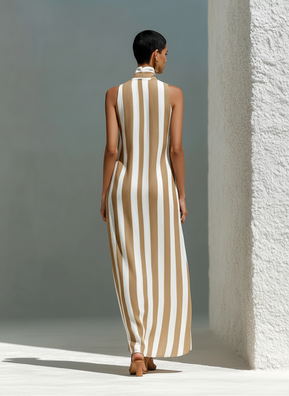 Women’s Camel & White Striped Sleeveless Stand Collar V-Neck Maxi Dress With Pockets