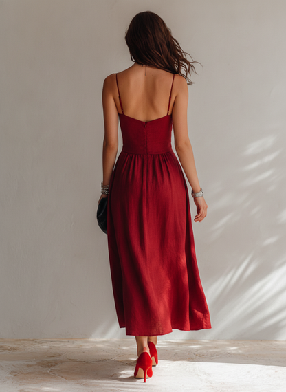 Women’s Minimalist Linen-Blend Ruched Spaghetti Strap Midi Dress