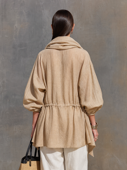 Women's Khaki Linen Blend Sheer Jacket With Lapel Collar Balloon Three Quarter Sleeves & Waist Drawstring, Minimalist Resort Lightweight Oversized Outerwear