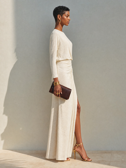Women's Beige Cotton-Blend Crew-Neck Ruched Slit Maxi Dress