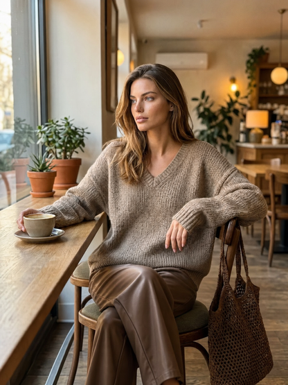 Women's Casual Grey-brown Knitted V-neck Long-sleeve Sweater