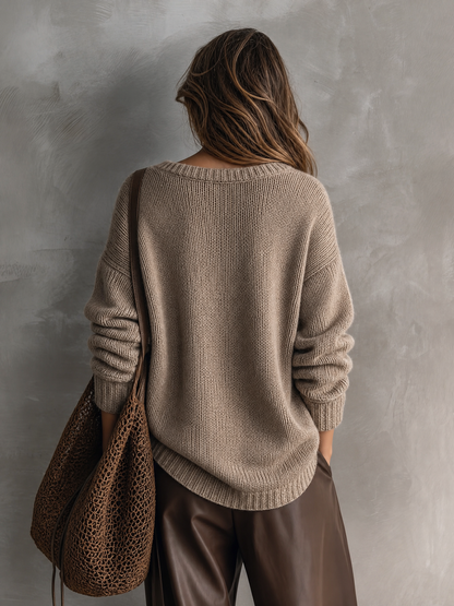 Women's Casual Grey-brown Knitted V-neck Long-sleeve Sweater