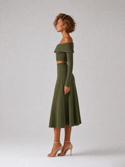 Women's Elegant Green Ribbed-Knit Off-Shoulder Crossover-Neck Long-Sleeve Cropped Top & High-Waisted A-Line Midi Skirt Set