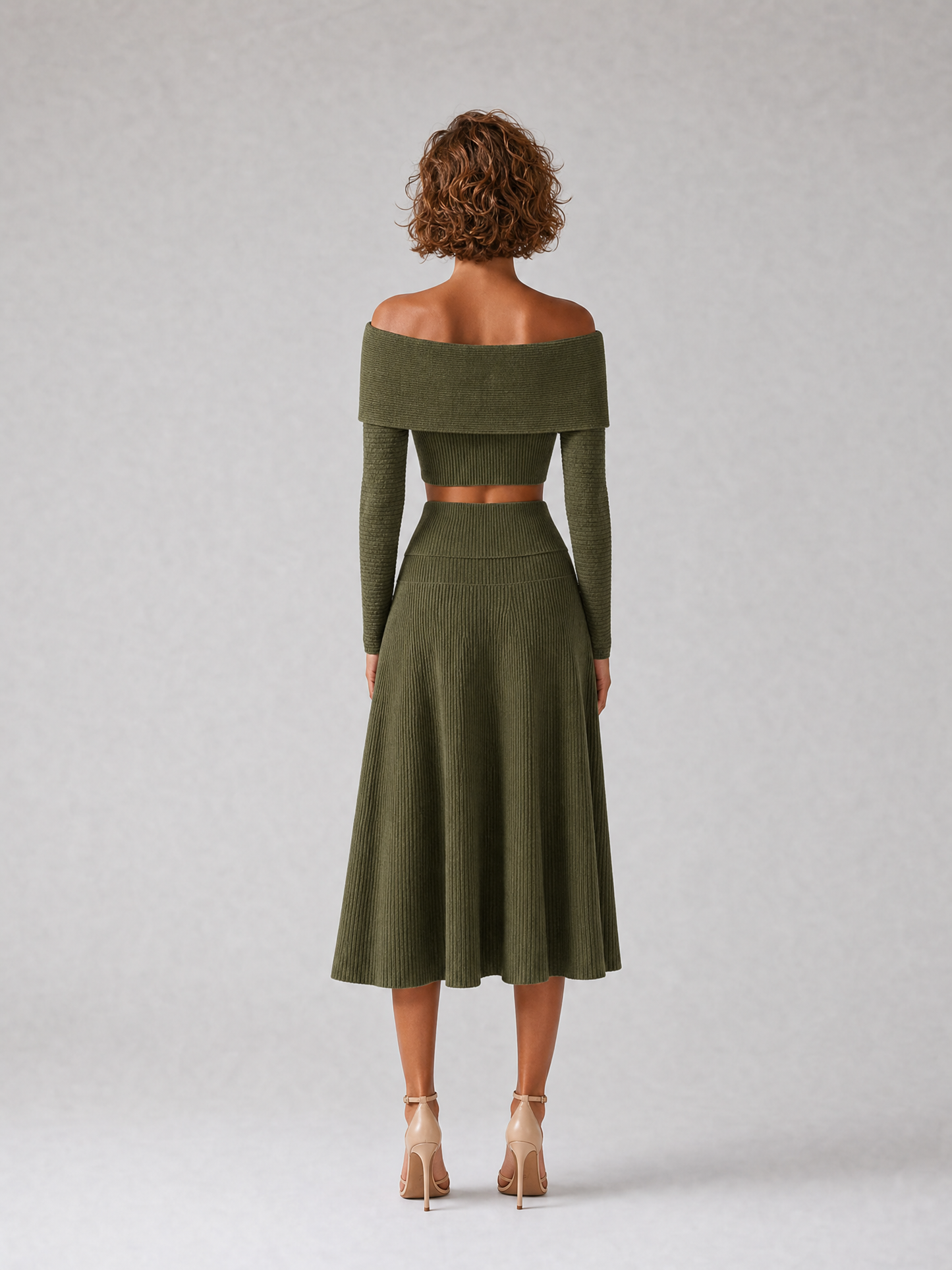 Women's Elegant Green Ribbed-Knit Off-Shoulder Crossover-Neck Long-Sleeve Cropped Top & High-Waisted A-Line Midi Skirt Set