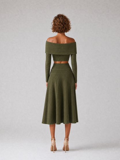 Women's Elegant Green Ribbed-Knit Off-Shoulder Crossover-Neck Long-Sleeve Cropped Top & High-Waisted A-Line Midi Skirt Set