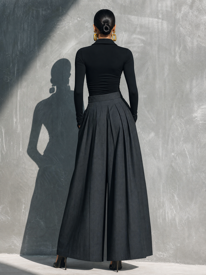 Women's Casual 2-Piece Set Black Stretch-knit Long-sleeve Top And Dark Gray Woven Wide-leg Trousers