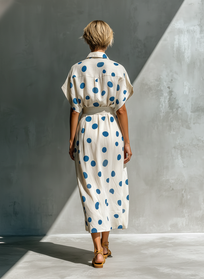 Women’s Off-White Linen-Blend Polka Dot Shirt Dress With Waist Cincher & Pockets