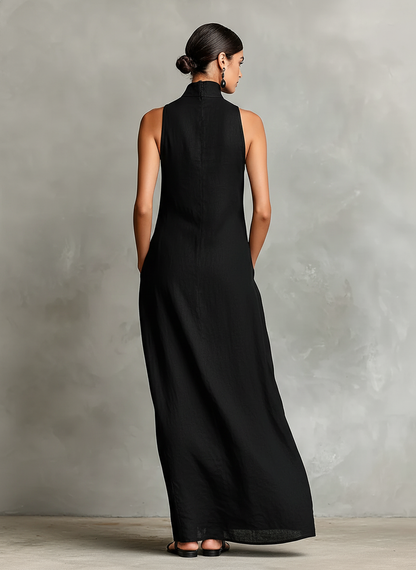Women's Black Linen-Blend Maxi Dress With High Neck & Side Pockets, Timeless Minimalist Casual Dress