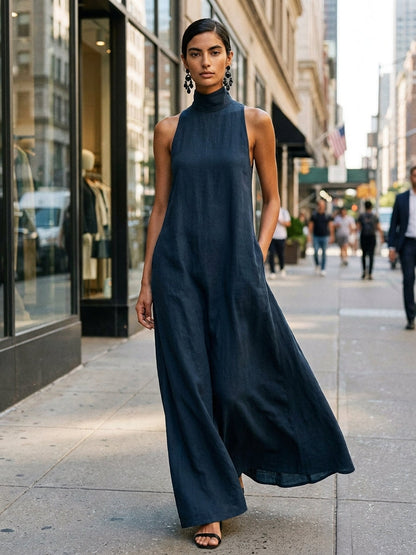 Women's Black Linen-Blend Maxi Dress With High Neck & Side Pockets, Timeless Minimalist Casual Dress