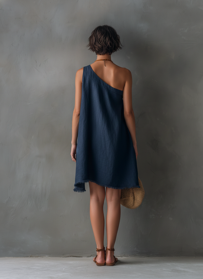 Women's Minimalist Linen-Blend One-Shoulder Sleeveless Mini Dress With Frayed Hem