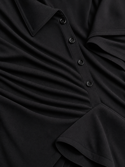 Women's Solid Black Soft Jersey Floor Dress With V Neck Henley Buttons & Figure-Hugging Silhouette, Modern Minimalist Casual Formal Maxi Dress