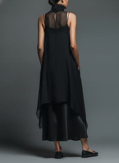 Women's Minimalist Imitation Acetate Slip Dress Paired With A Chiffon Overlay Maxi Dress