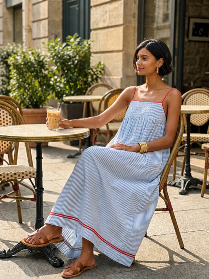 Women's Minimalist Striped Maxi Dress With Red Trim And Spaghetti Straps