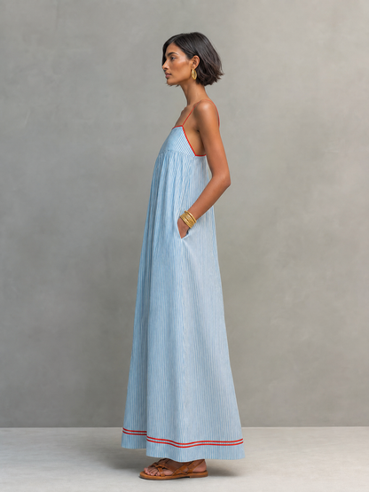 Women's Minimalist Striped Maxi Dress With Red Trim And Spaghetti Straps