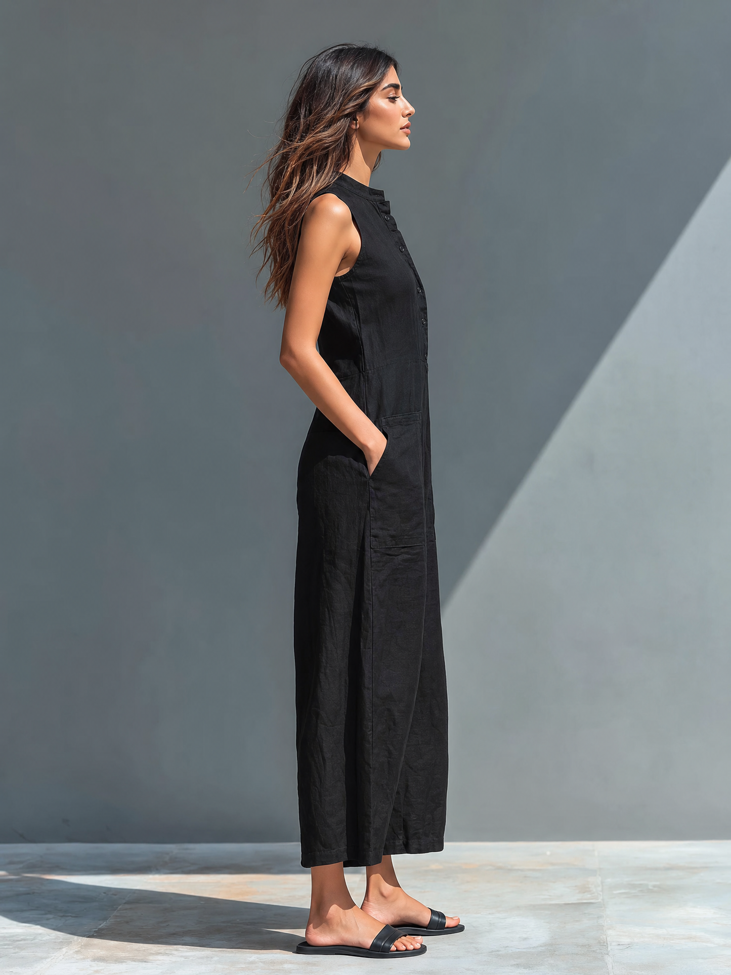 Women's Minimalist Linen Blend Button-up Stand-collar Sleeveless Loose Jumpsuit