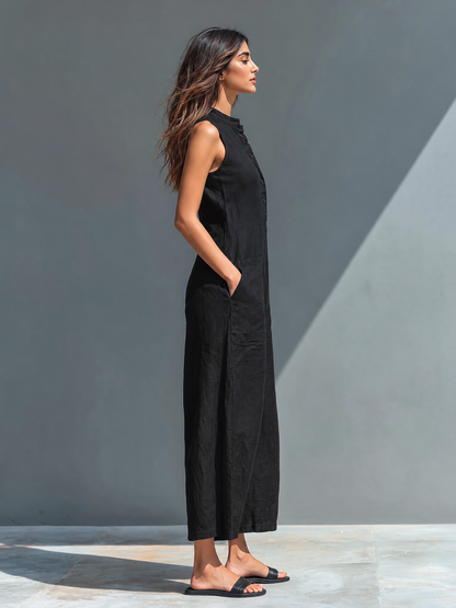 Women's Minimalist Linen Blend Button-up Stand-collar Sleeveless Loose Jumpsuit