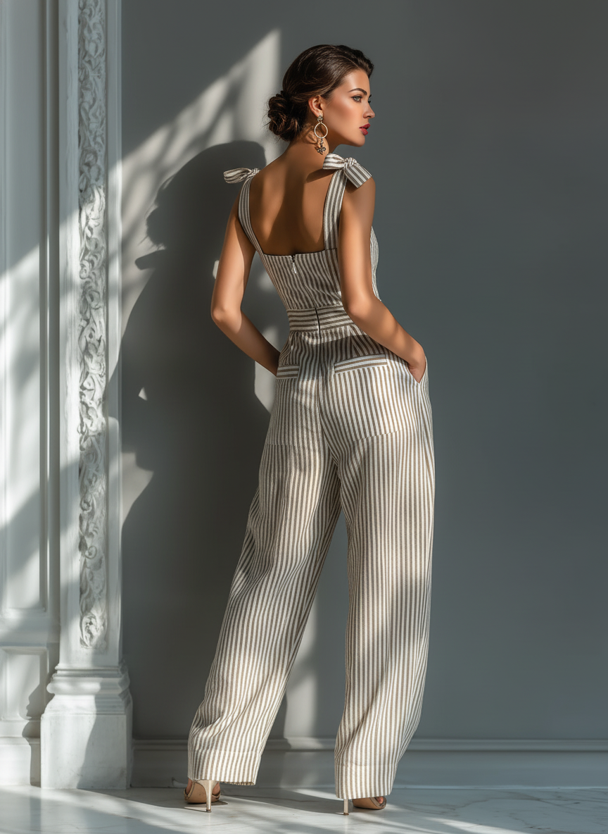Women's Beige & White Striped Linen-Blend Jumpsuit With Square Neck & Tie Straps