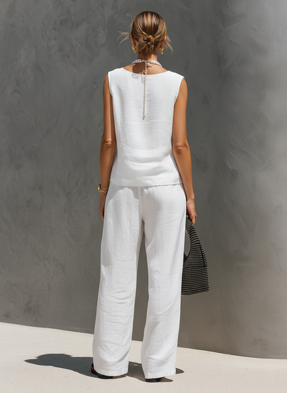 Women's Casual White Cotton-Linen V-Neck Sleeveless Top And Trousers Set (Lined)