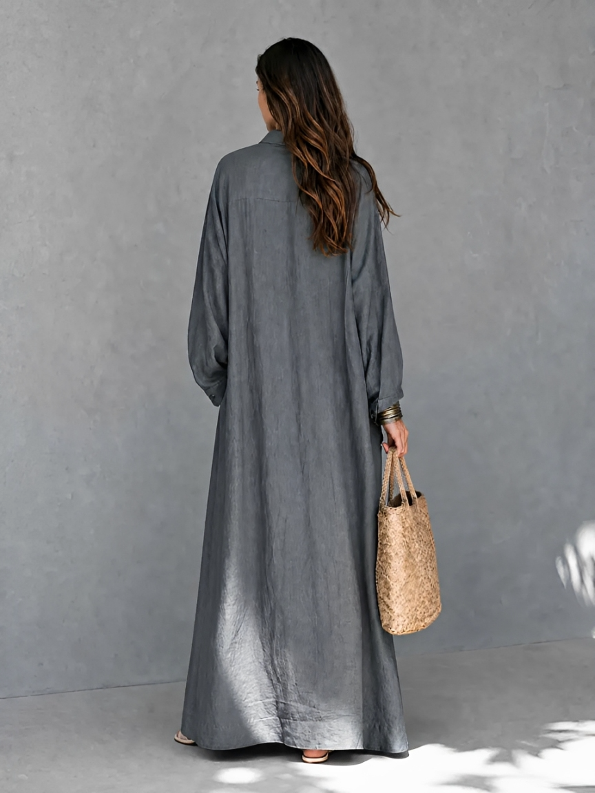 Women's Casual Grey Cotton-linen Long-sleeved Maxi Dress