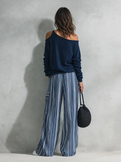 Women's Casual 2-Piece Set Long-sleeved Top In Navy Blue Sweatshirt Fabric And Blue-and-white Striped Woven Trousers