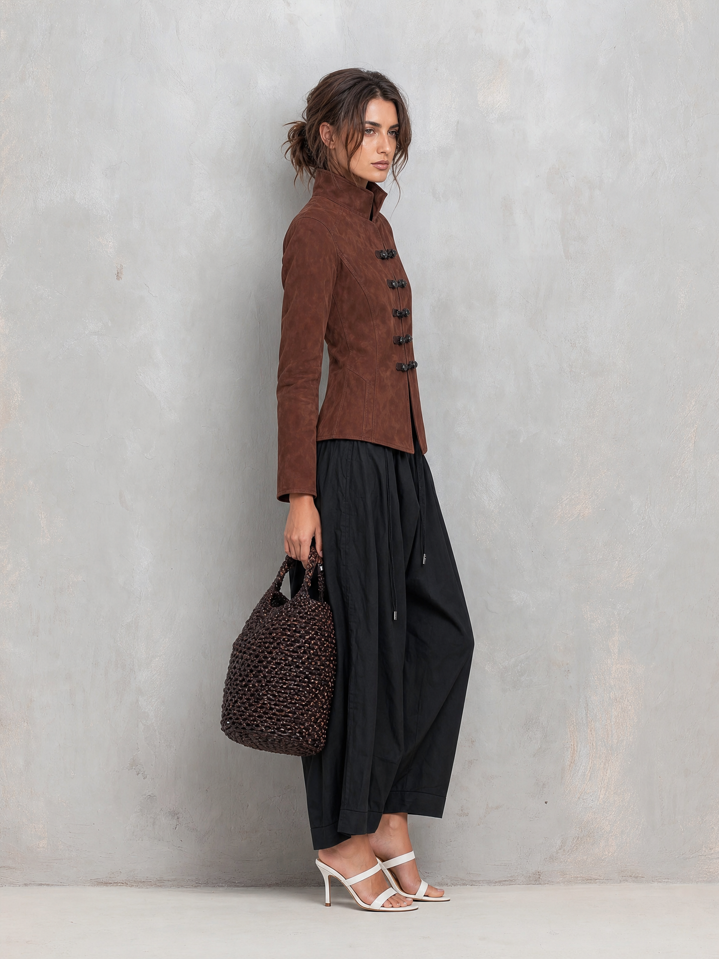 Women's Casual 2-Piece Set Brown Suede Long-sleeve Jacket And Black Woven Trousers