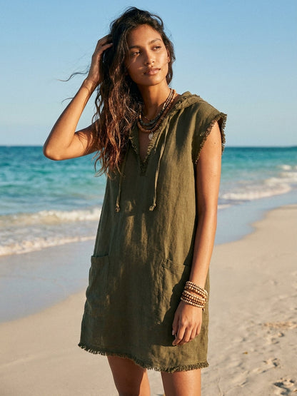 Women's Minimalist Linen-Blend Mini Dress — Hooded, Sleeveless, Raw Hem