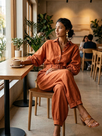 Women's Minimalist Cotton-Linen Jumpsuit With Belt — Wide-Leg Trousers And Mid-Length Sleeves