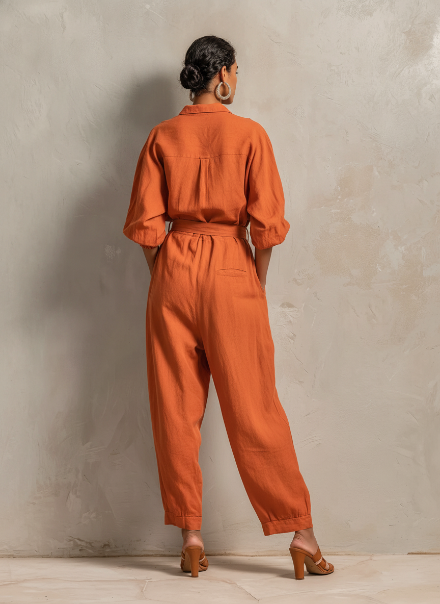 Women's Minimalist Cotton-Linen Jumpsuit With Belt — Wide-Leg Trousers And Mid-Length Sleeves