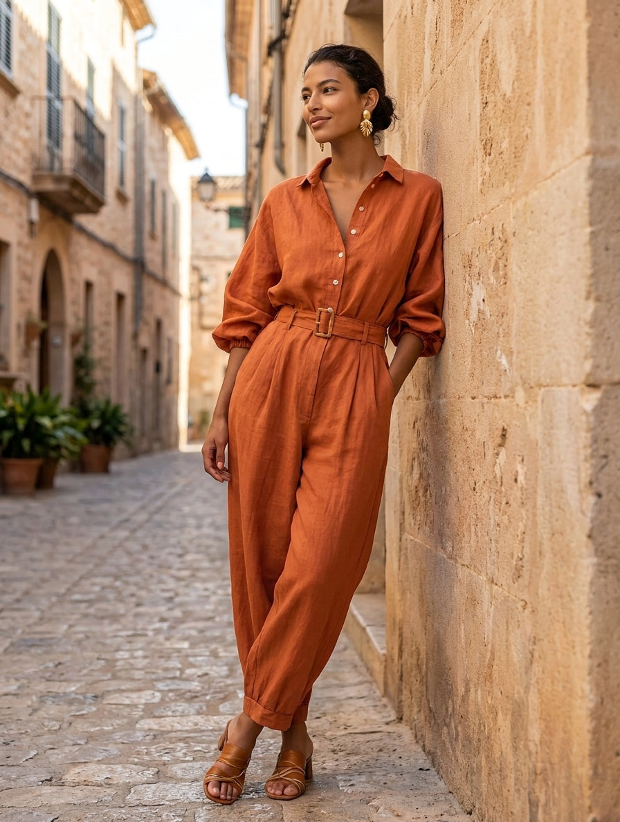 Women's Minimalist Cotton-Linen Jumpsuit With Belt — Wide-Leg Trousers And Mid-Length Sleeves