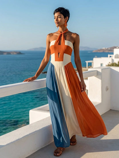 Women’s Orange White Blue Color Block Halter Keyhole Strapless Smocked Bodice Pleated Maxi Dress